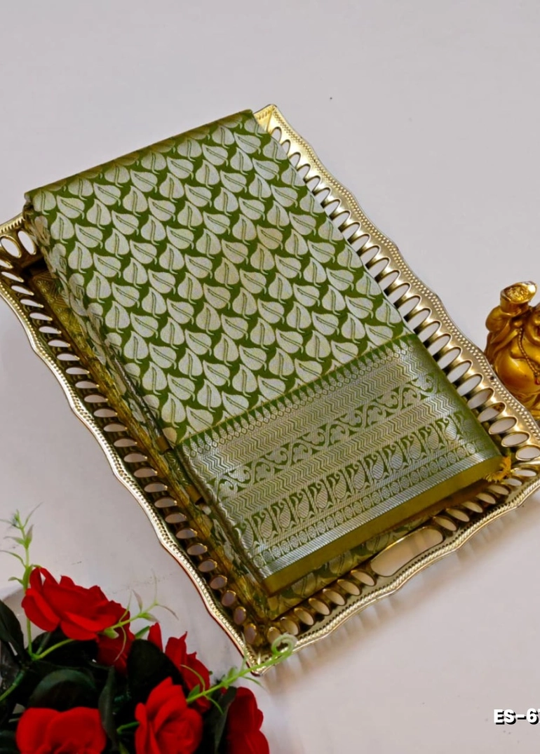 Bridal silk gold silvar and copper zari weave and wedding art silk sarees - olive green